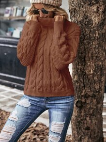 SHEIN Privé Cable Knit Turtleneck Drop Shoulder Jumper - Rust Brown - View 6