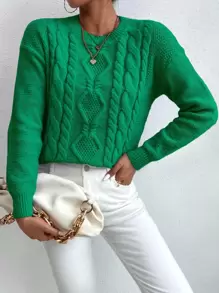 SHEIN Essnce Áo len nữ Cáp đan màu trơn Giải trí - màu xanh lá - Xem 1