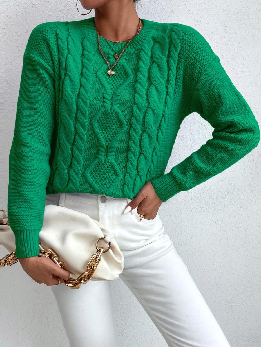 SHEIN Essnce Áo len nữ Cáp đan màu trơn Giải trí - màu xanh lá - Xem 1