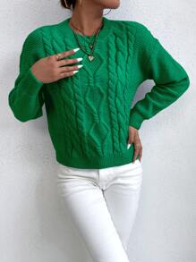 SHEIN Essnce Áo len nữ Cáp đan màu trơn Giải trí - màu xanh lá - Xem 3