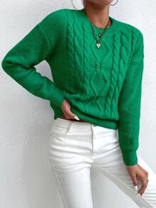 SHEIN Essnce Áo len nữ Cáp đan màu trơn Giải trí - màu xanh lá - Xem 4