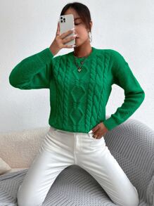 SHEIN Essnce Áo len nữ Cáp đan màu trơn Giải trí - màu xanh lá - Xem 5