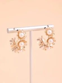 Flower & Faux Pearl Decor Cuff Hoop Earrings - Multicolor - View 2