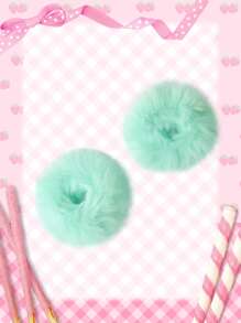 ROMWE Kawaii 2pcs Solid Fluffy Hair Tie Cute ValentinesScrunchiesscrunchy Hair Ties - Green - View 4