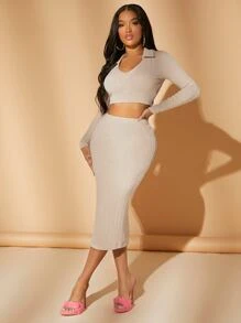 SHEIN SXY Solid Crop Top & Pencil Skirt - Beige - View 3