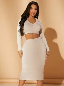 SHEIN SXY Solid Crop Top & Pencil Skirt - Beige - View 4