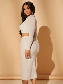 SHEIN SXY Solid Crop Top & Pencil Skirt - Beige - View 5