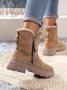 2025秋冬新款时尚百搭雪地靴，毛绒内里，保暖，厚底设计，加厚冬鞋，女士厚底踝靴，时尚侧拉链毛绒内里靴，舒适冬季短靴，毛绒靴 - 卡其色 - 查看 3