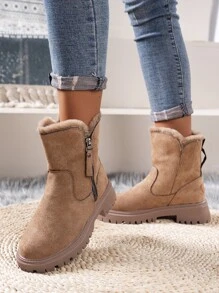 2025秋冬新款时尚百搭雪地靴，毛绒内里，保暖，厚底设计，加厚冬鞋，女士厚底踝靴，时尚侧拉链毛绒内里靴，舒适冬季短靴，毛绒靴 - 卡其色 - 查看 4