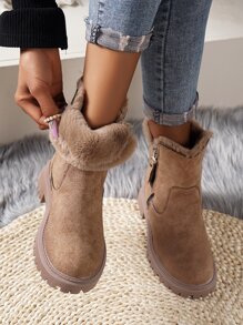 2025秋冬新款时尚百搭雪地靴，毛绒内里，保暖，厚底设计，加厚冬鞋，女士厚底踝靴，时尚侧拉链毛绒内里靴，舒适冬季短靴，毛绒靴 - 卡其色 - 查看 6