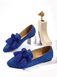 Tassel & Pompom Decor Point Toe Faux Suede Flat Loafers - Royal Blue - View 2