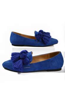 Tassel & Pompom Decor Point Toe Faux Suede Flat Loafers - Royal Blue - View 3