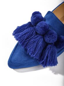 Tassel & Pompom Decor Point Toe Faux Suede Flat Loafers - Royal Blue - View 4