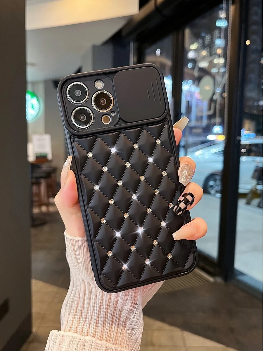 Rhinestone Decor Slide Camera Cover Phone Case - Black - View 1