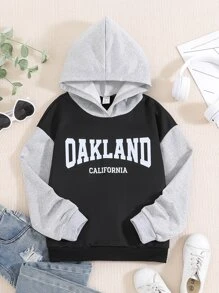 Girls Letter Graphic Colourblock Drop Shoulder Hoodie - Black - View 1