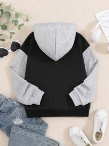 Girls Letter Graphic Colourblock Drop Shoulder Hoodie - Black - View 2