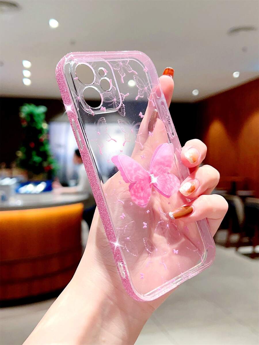 Butterfly Decor Clear Phone Case - Pink - View 1