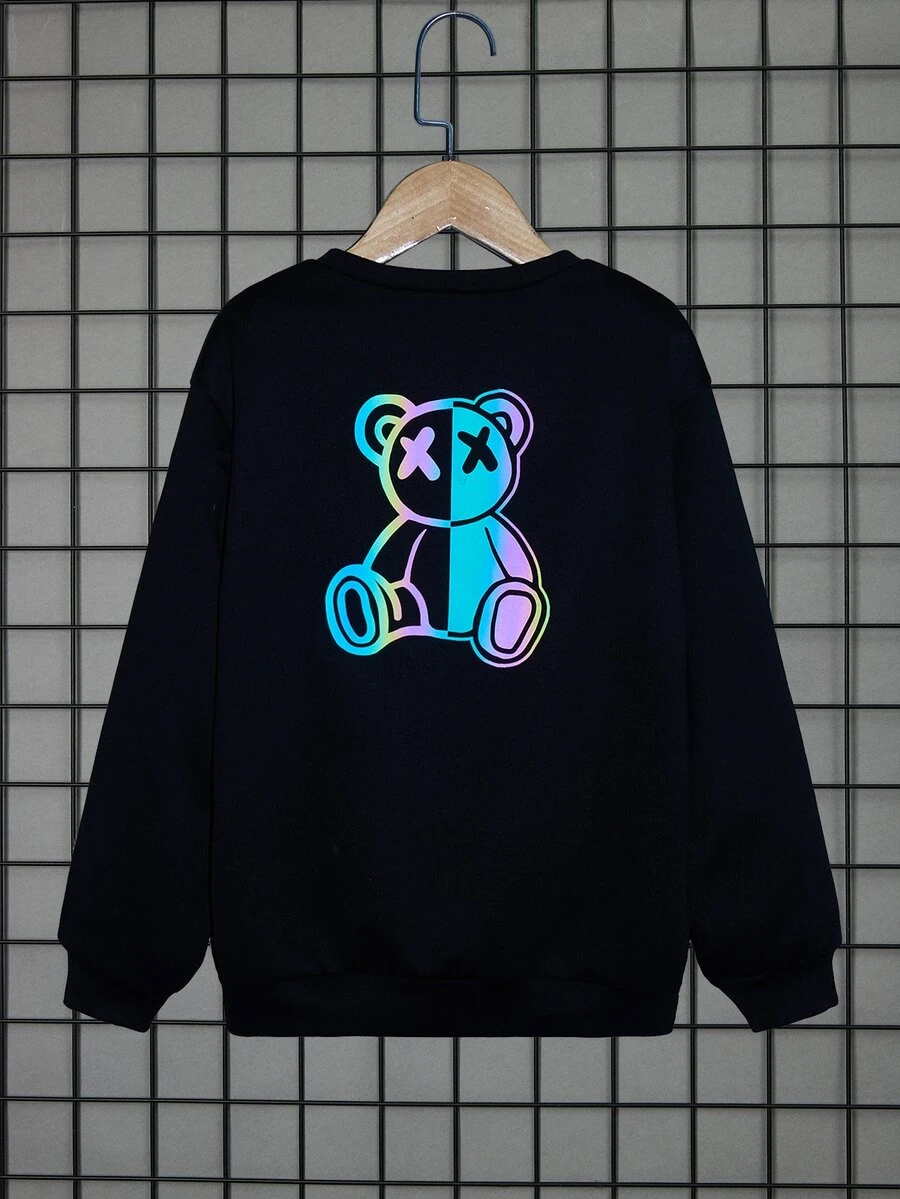 SHEIN Boys Reflective Bear Print Drop Shoulder Sweatshirt - Black - View 1