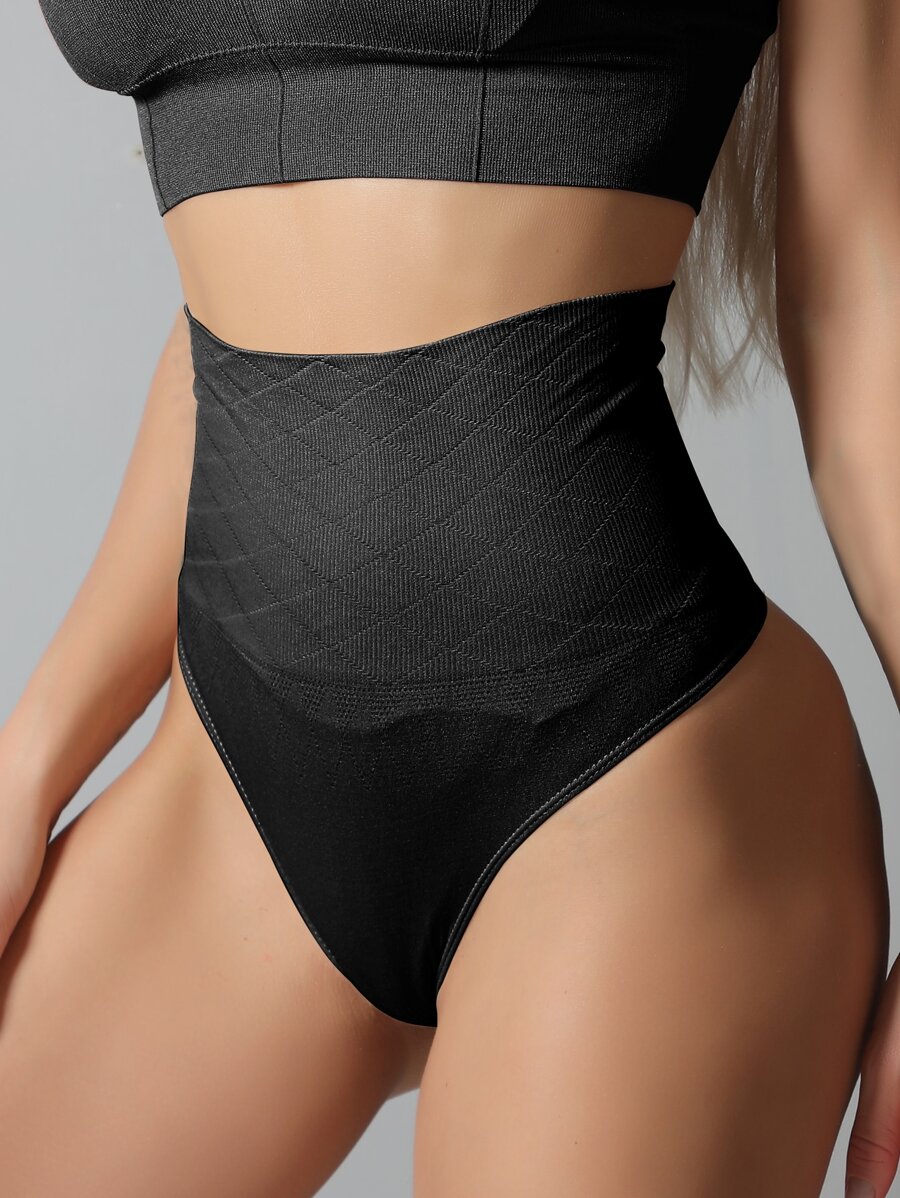 Women's Black High Waisted Thong Shapewear With High Stretch Fabric For Casual Comfort - Black - View 1