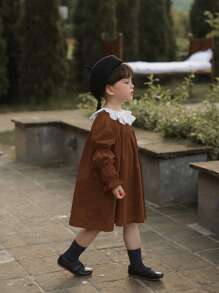 Toddler Girls Contrast Ruffle Trim Gathered Sleeve Cord Dress - Brown - View 4