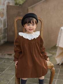 Toddler Girls Contrast Ruffle Trim Gathered Sleeve Cord Dress - Brown - View 5