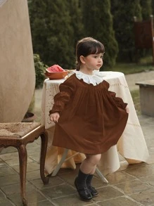 Toddler Girls Contrast Ruffle Trim Gathered Sleeve Cord Dress - Brown - View 6