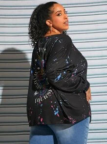 SHEIN CURVE+ Pullover salpicaduras de tinta & con estampado de letra de hombros caídos - Negro - Ver 2