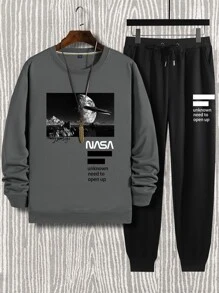 Manfinity Homme Áo nỉ in khẩu hiệu và hành tinh cho nam kèm quần nỉ có dây rút ở eo, quần áo mùa thu - Nhiều màu - Xem 1