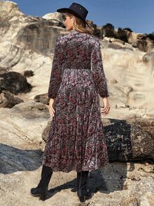 Paisley Print Lantern Sleeve Ruffle Hem Dress Without Belt - Multicolor - View 2