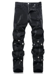 Quần Jeans Nam Dây Rách Crisscross Decor - màu đen - Xem 1