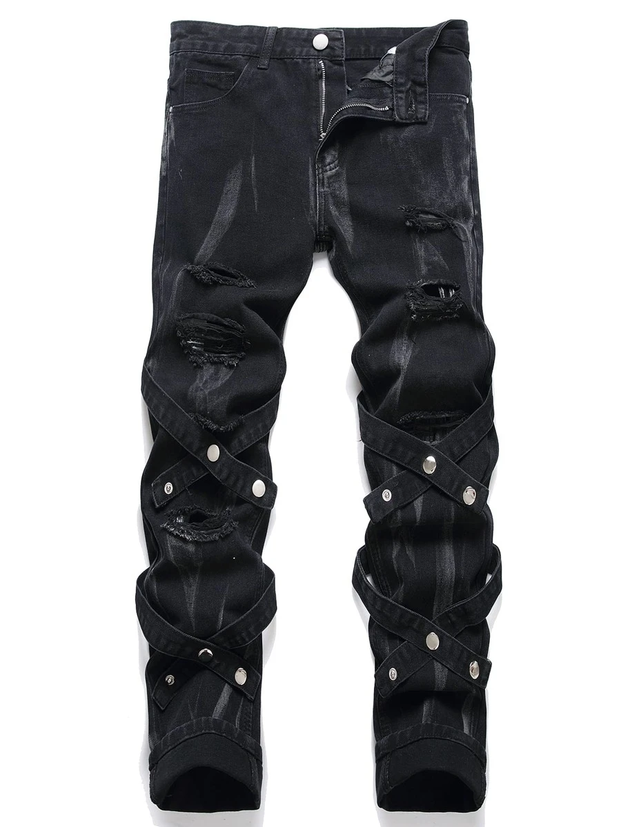 Quần Jeans Nam Dây Rách Crisscross Decor - màu đen - Xem 1
