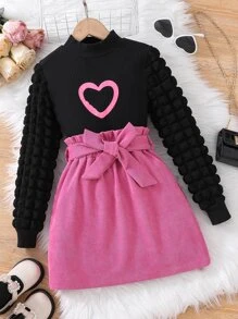 Tween Girl心形印花莫克領t恤和皺褶紙袋腰裙 - 彩色 - 查看 1