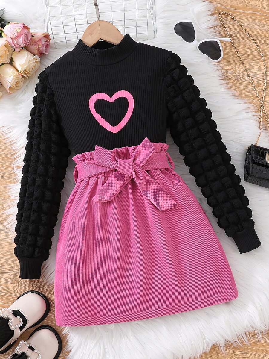 Tween Girl心形印花莫克領t恤和皺褶紙袋腰裙 - 彩色 - 查看 1