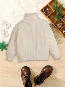 SHEIN Toddler Boys Turtleneck Ribbed Knit Drop Shoulder Jumper - Beige - View 3
