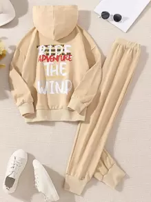 Girls Letter Graphic Drop Shoulder Hoodie & Joggers - Apricot - View 1