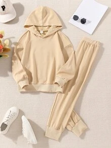 Girls Letter Graphic Drop Shoulder Hoodie & Joggers - Apricot - View 2