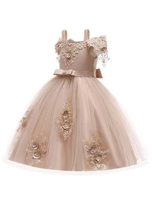 女童纯色蝴蝶结薄纱缎面蓬蓬裙，优雅大方，适合走秀、学校舞会、正式场合（不含头饰） - 香檳色 - 查看 3