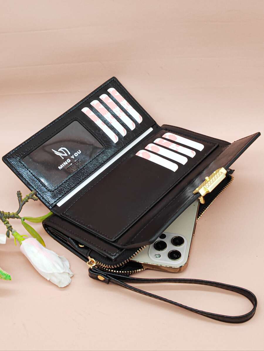 MINGYOU Minimalist Metal Decor Phone Wallet - Black - View 1