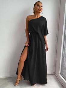 Joyfunear 單肩高衩連衣裙 - 黑色 - 查看 1