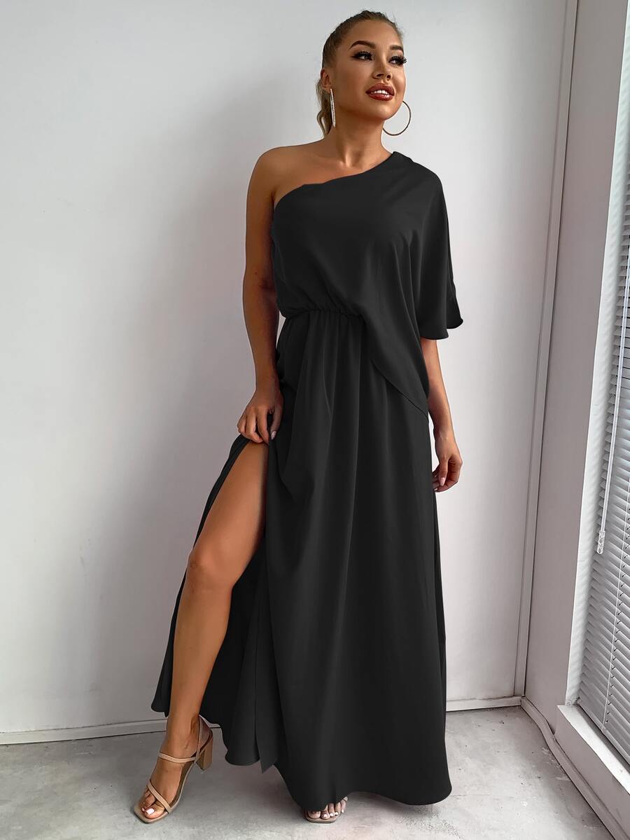 Joyfunear 單肩高衩連衣裙 - 黑色 - 查看 1