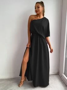 Joyfunear 單肩高衩連衣裙 - 黑色 - 查看 3