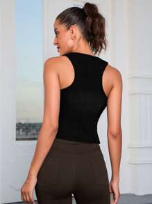 前紐扣背心牛仔背心 - 黑色 - 查看 2