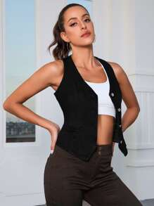 前紐扣背心牛仔背心 - 黑色 - 查看 4