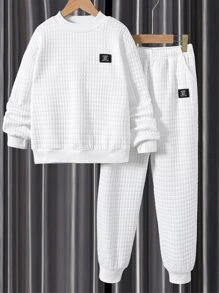 SHEIN Boys Letter Patched Detail Drop Shoulder Sweatshirt & Joggers - White - View 1