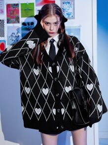 Cárdigan con corazón & con patrón de rombo de hombros caídos - Negro - Ver 1