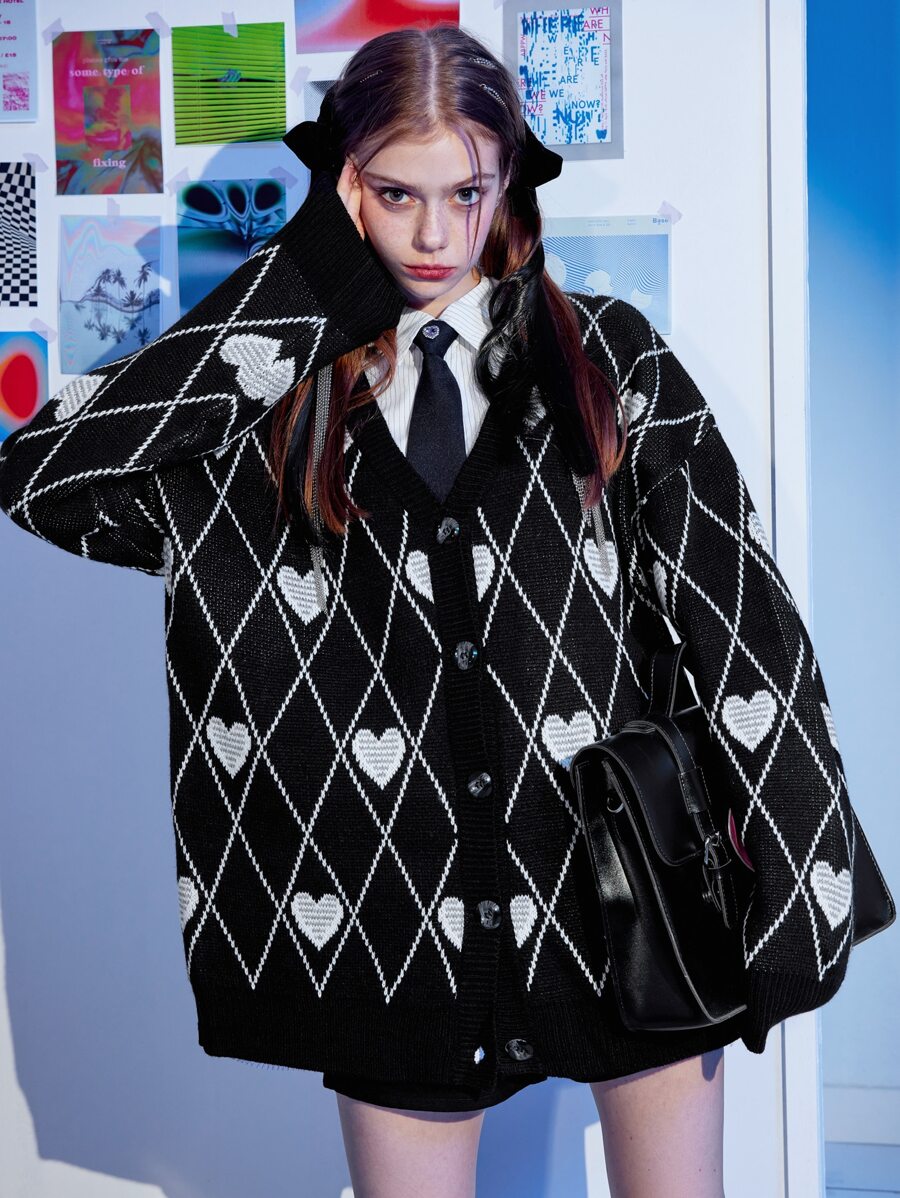 Cárdigan con corazón & con patrón de rombo de hombros caídos - Negro - Ver 1