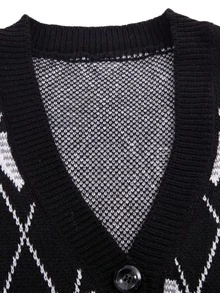 Cárdigan con corazón & con patrón de rombo de hombros caídos - Negro - Ver 5