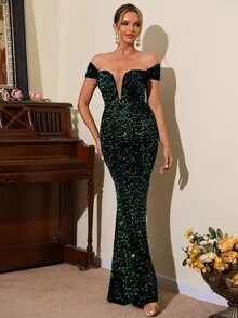 LOVE&LEMONADE Off Shoulder Mermaid Hem Sequin Formal Dress - Dark Green - View 4