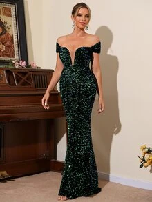 LOVE&LEMONADE Off Shoulder Mermaid Hem Sequin Formal Dress - Dark Green - View 5