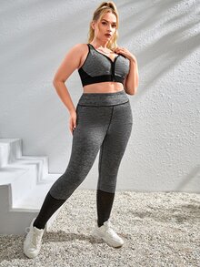 Plus Zip Up Contrast Binding Cutout Racer Back Sports Bra - Dark Grey - View 3